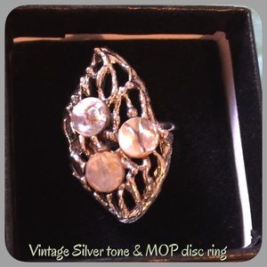 Vintage 1950 silver tone ring & MOP disc #1